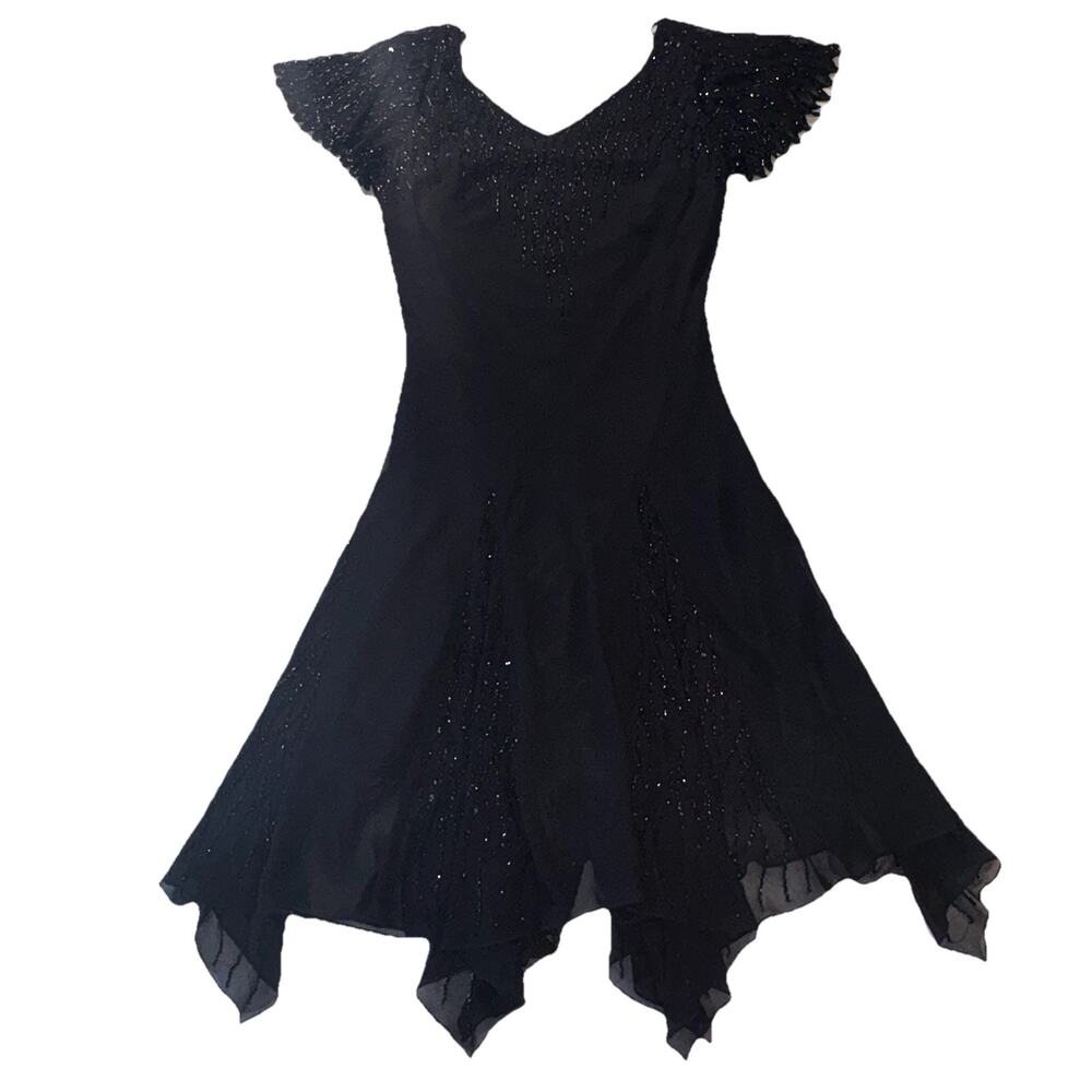 VNTG J Kara 90s Fairycore Black Beaded Mesh Dress Flutter Sleeves asymmetrical - Picture 2 of 15